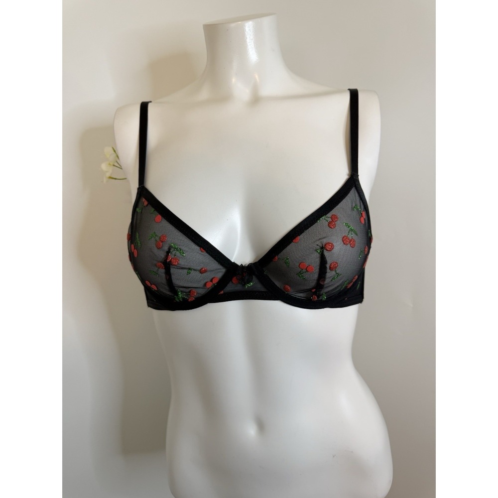 Savage X Fenty Puff Cherries Unlined Demi Bra Mesh Whimsigoth Y2K 32B Blk Caviar